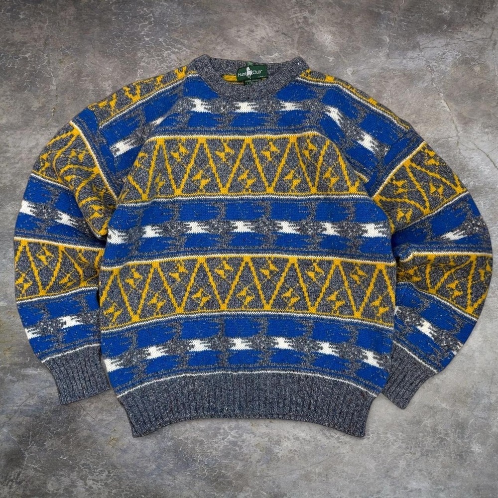 Vintage Hunt Club 1980s Geometric Wool Blend Knit Sweatshirt Adult Large Preppy